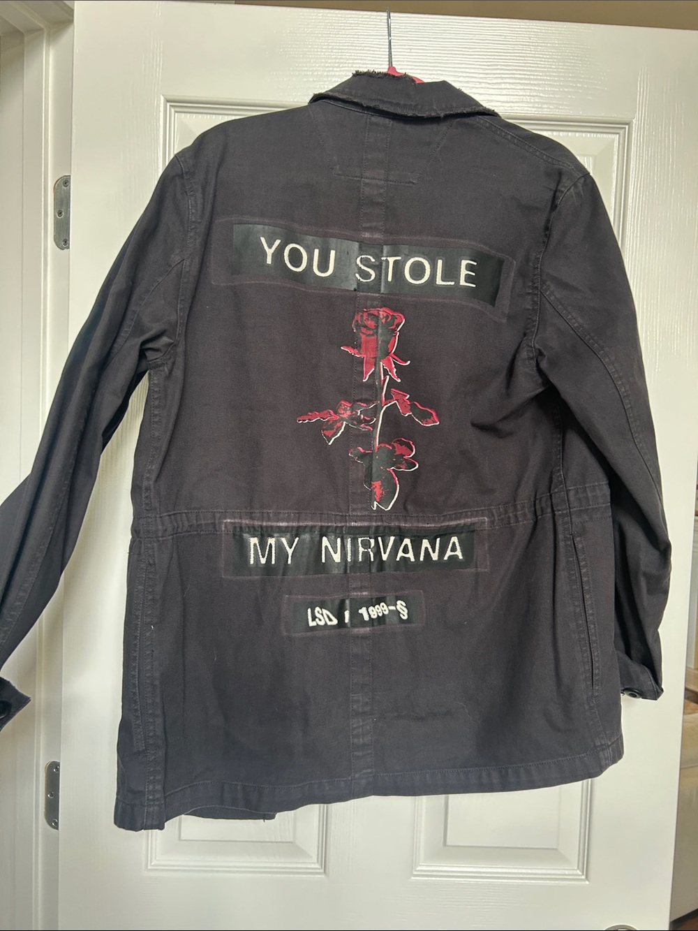 Ksubi Black Graphic Military Jacket with Red Rose Nirvana Detail